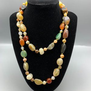Vintage Multi-colored Polished Agate Beaded Stone Necklace 37 inch